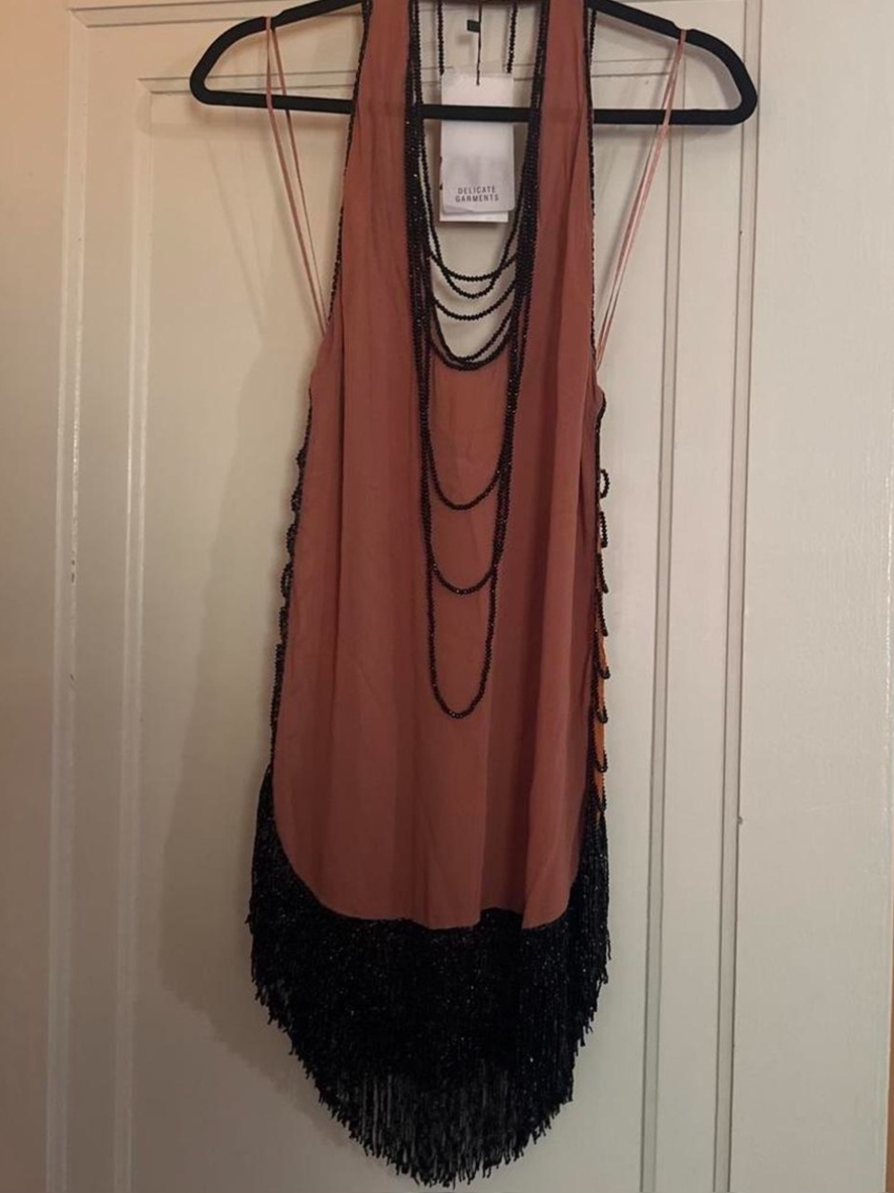 Zara Rust Pink and Black Beaded Fringe Tank